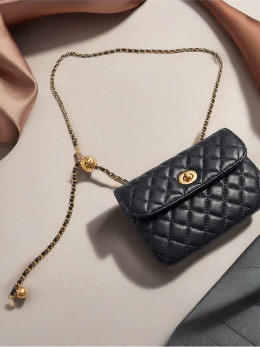 Black Quilted Chain Shoulder Bag with Gold Hardware